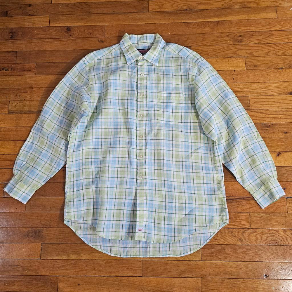 Vineyard Vines Mens Green Blue Plaid Linen Button Down Shirt Large
